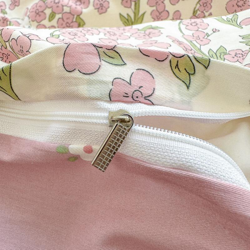 Garden Pink Flowers Pattern Duvet Cover Set 3Pcs Cute Rabbit Printed 100% Cotton Soft Comfortable Comforter Cover Bedding Set