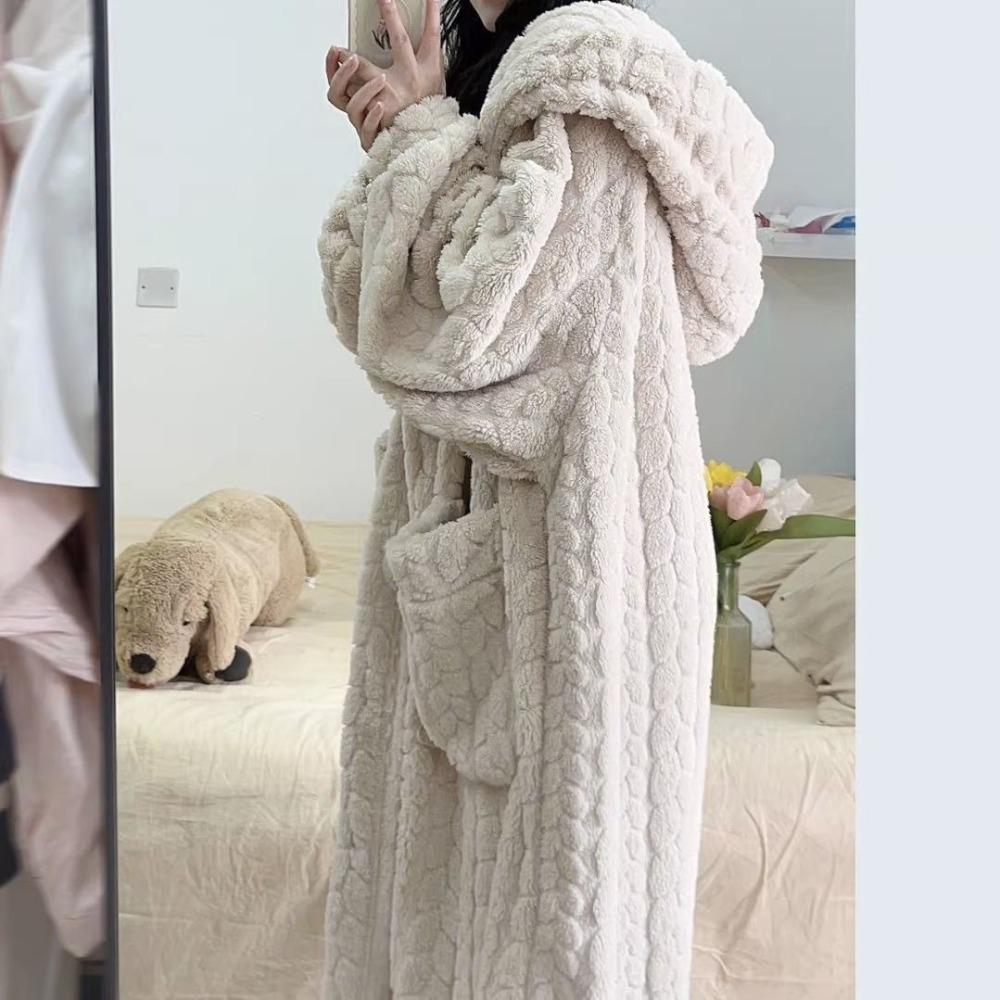 Halat confortabil cu glugă din fleece coral pentru femei - Lung, cald și moale, rochie de lounge cu buzunare, lavabil la mașină - Perfect pentru toamnă/iarnă