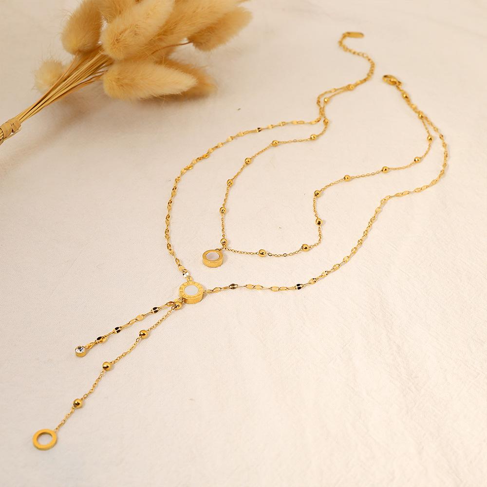 18K Gold-Plated Titanium Steel Double Layer White Shell Necklace – Colorfast, Classic Fashionable Clavicle Chain for Women