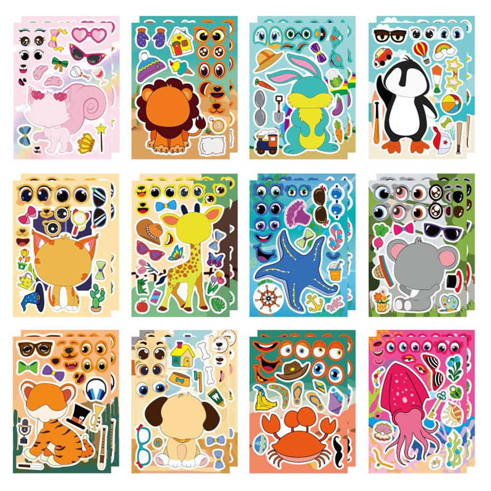 6/12sheets Mixed Cute Animals Cartoon Puzzle Stickers Funny Make a Face Party Game Assemble Jigsaw Decals Toys Gifts