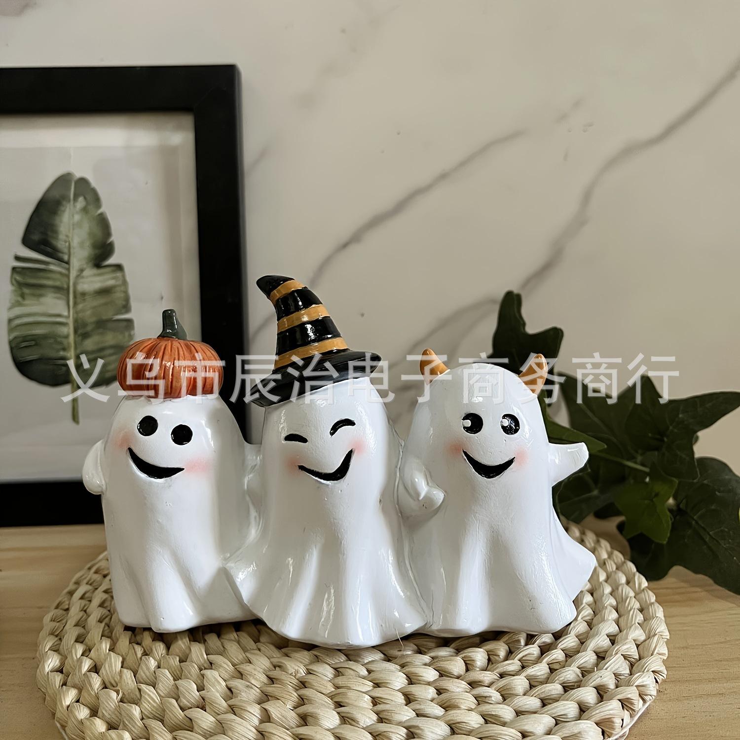 Whimsical Smiling Ghost Trio Decorating Pumpkin Witch Devil Horn Cute Halloween