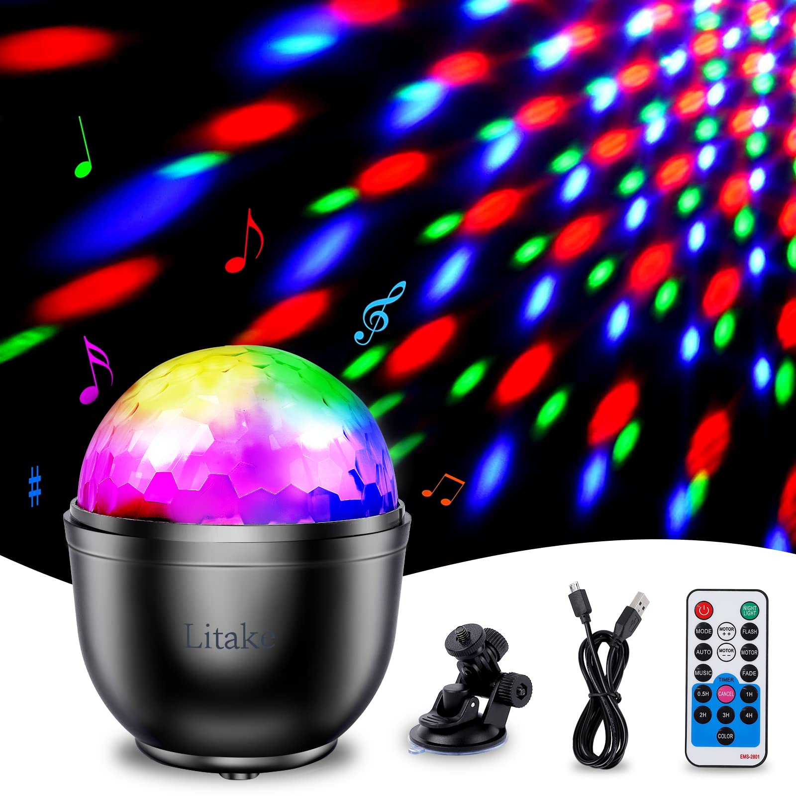 

Светодиодный диско-шар Litake, перезаряжаемый от USB, 15 цветов, RGB вращение, активация голосом, пульт дистанционного управления, изменение нескольких цветов, идеально подходит для