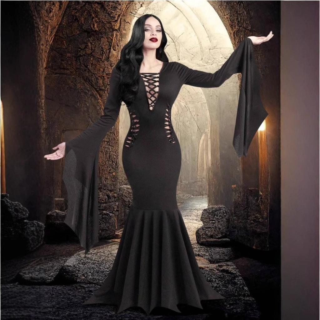 Gothic Vintage Dress Halloween Women V Neck Patchwork Hollow Out Flare Sleeves Halloween Cosplay Long Party Dress