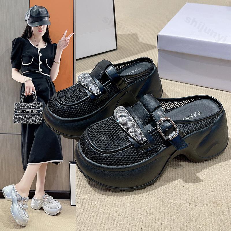 

Fashion Thick Soled Casual Sandals Women s Summer 2025 Fashion Breathable Slope Heel Slippers Comfortable Buckle Design Half Drag Shoes 35 чёрный
