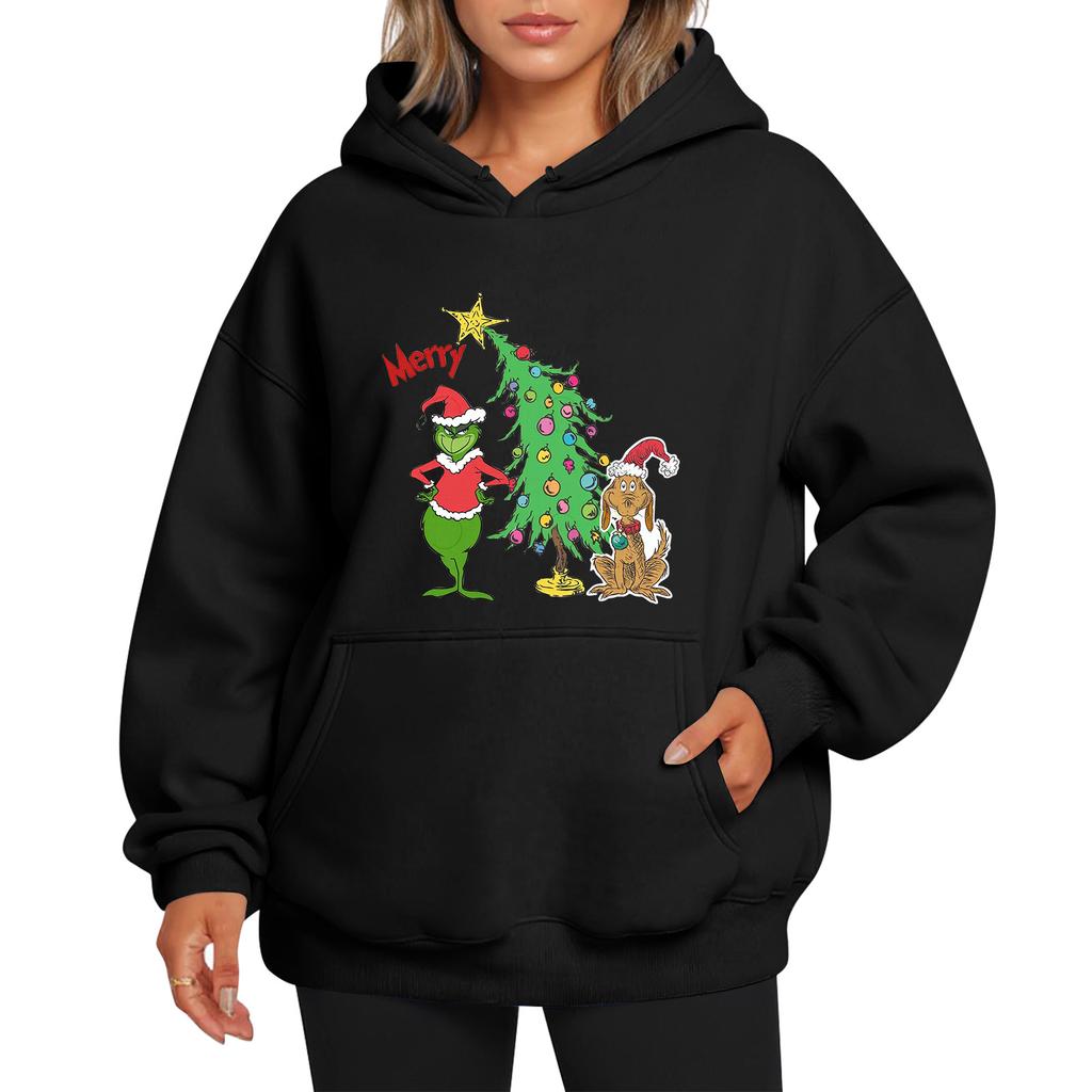 Ladies' Christmas Style Printed Hoodie With Wool And Pockets For Women