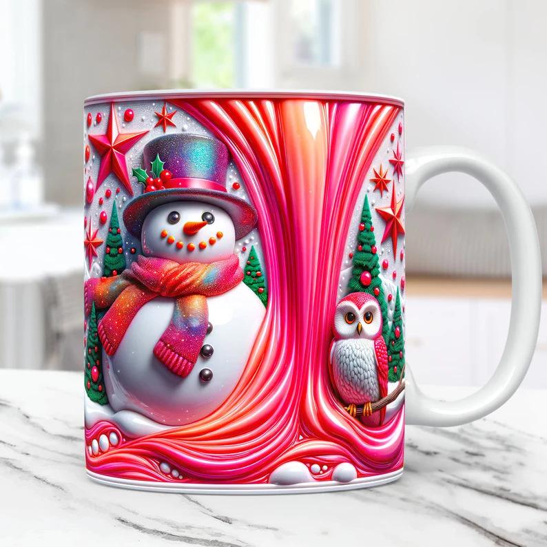 3D Snowman Owl Owl Ceramic Coffee Mug Water Cup Christmas Hat Christmas