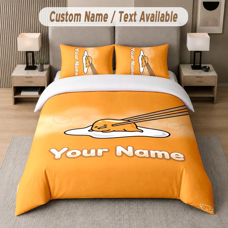 Custom Name Gudetama 3Pcs Duvet Cover Set Personalized Text Bedding Pillowcases Bedroom