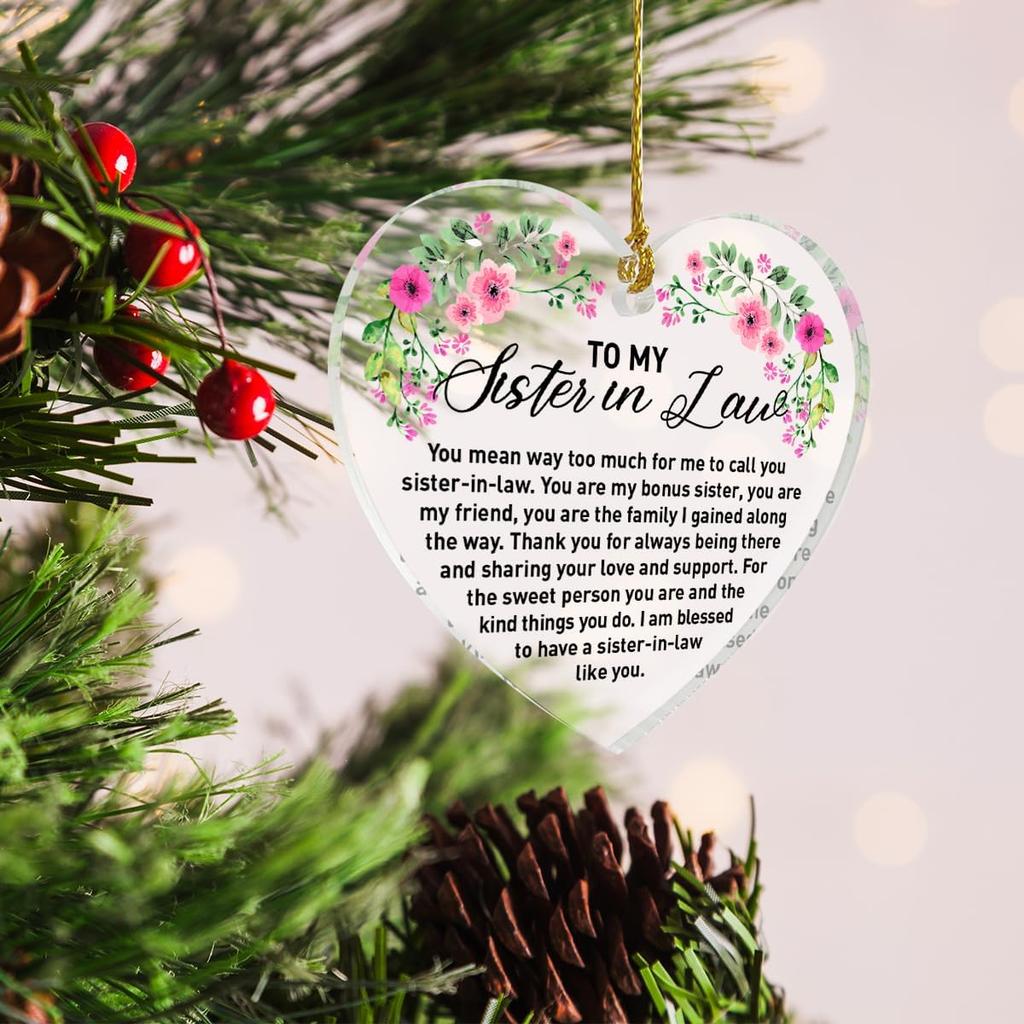 Sister in Law Ornament Gifts, Sister in Law Birthday Wedding Christmas Keepsake Gifts for Sister in Law Acrylic Heart Hanging Ornament Gifts, Sister