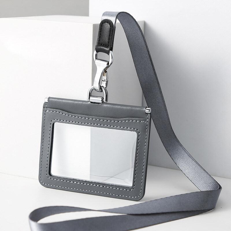 Double Sided Transparent PVC and Real Leather Work Card Holder with Lanyard Staff Hanging Neck Anti-interference Protection ID Badge Cards Cases