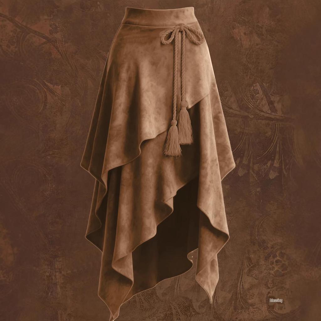 Retro Europäischer Unregelmäßiger Westlicher Wildlederrock, Einfarbig, Kollektion 2026