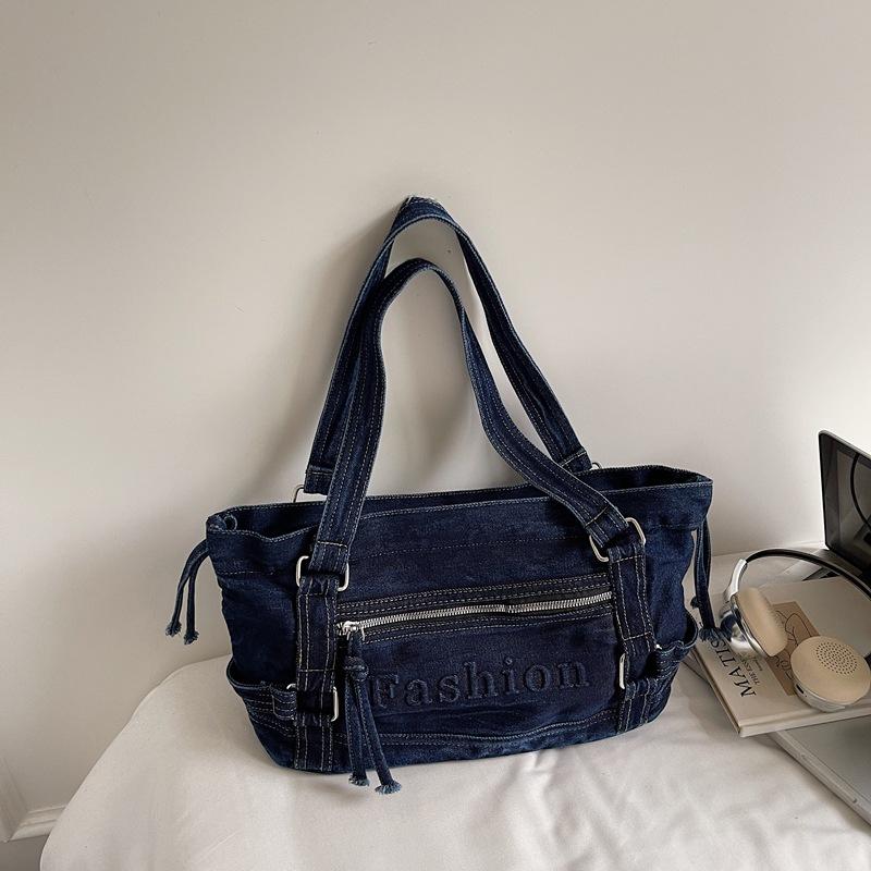2025 Autumn New Crossbody Denim Bag Korean Tote Bag Vintage Washed Distressed Handbag Portable Shoulder Bag