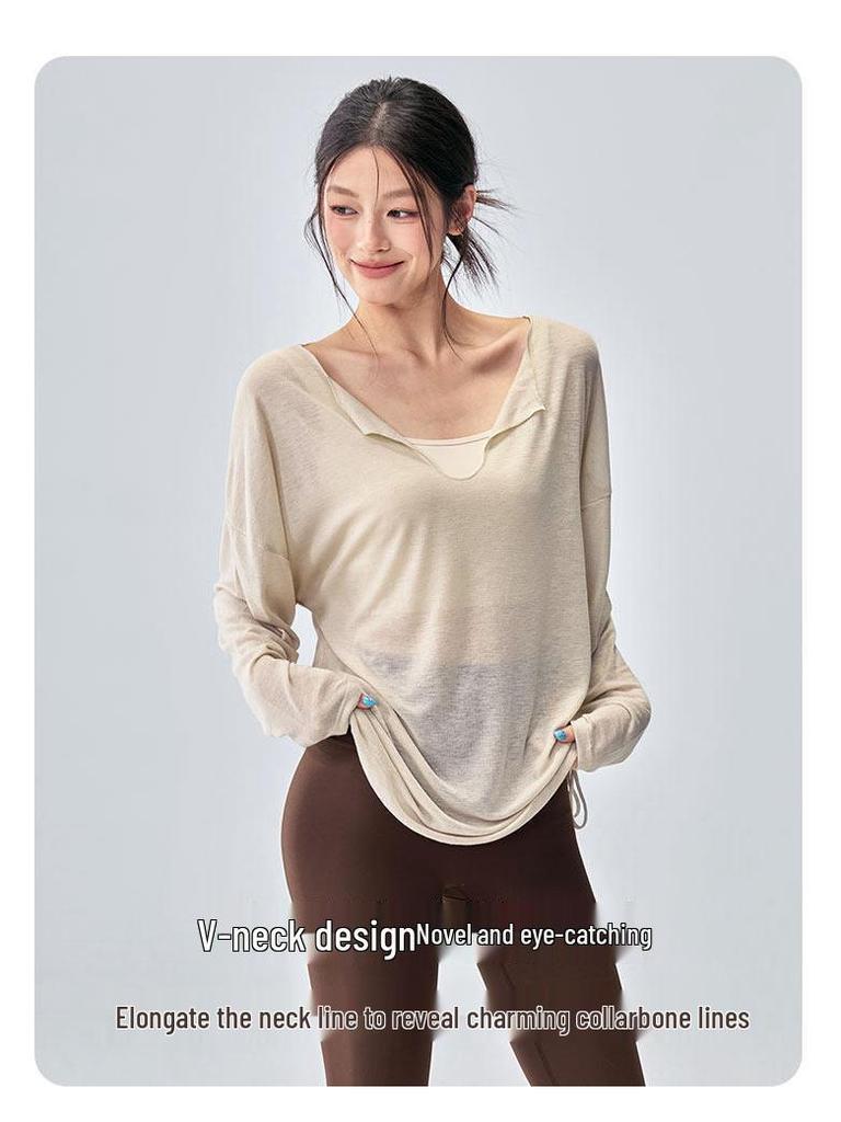 Women's Korean Style Long Sleeve V-neck Yoga Top - Loose, Breathable, Casual Sportswear