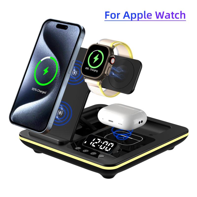 Foldable 3 in 1 Wireless Charger Station with Digital Clock Display Fast Charging Magnetic Stand