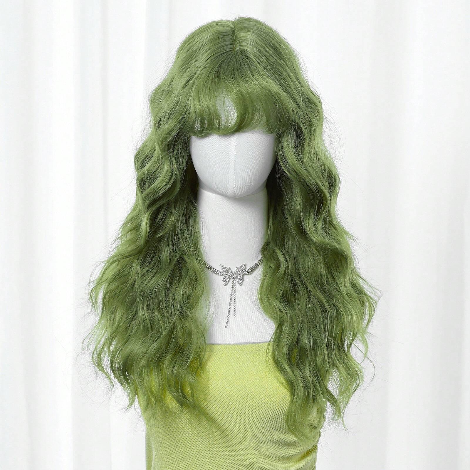

Long Curly Green Wave Synthetic Wigs with Bangs for Women Christmas Grass Green Cosplay Wigs Daily Natural Hair Heat Resistant