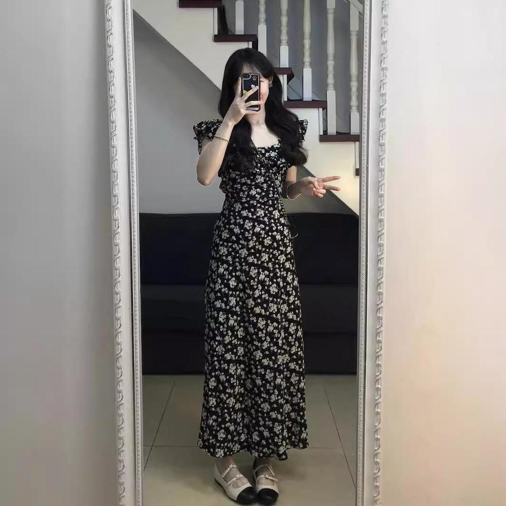 2025 Summer French Black Floral Waist-Slimming Long Dress for Women