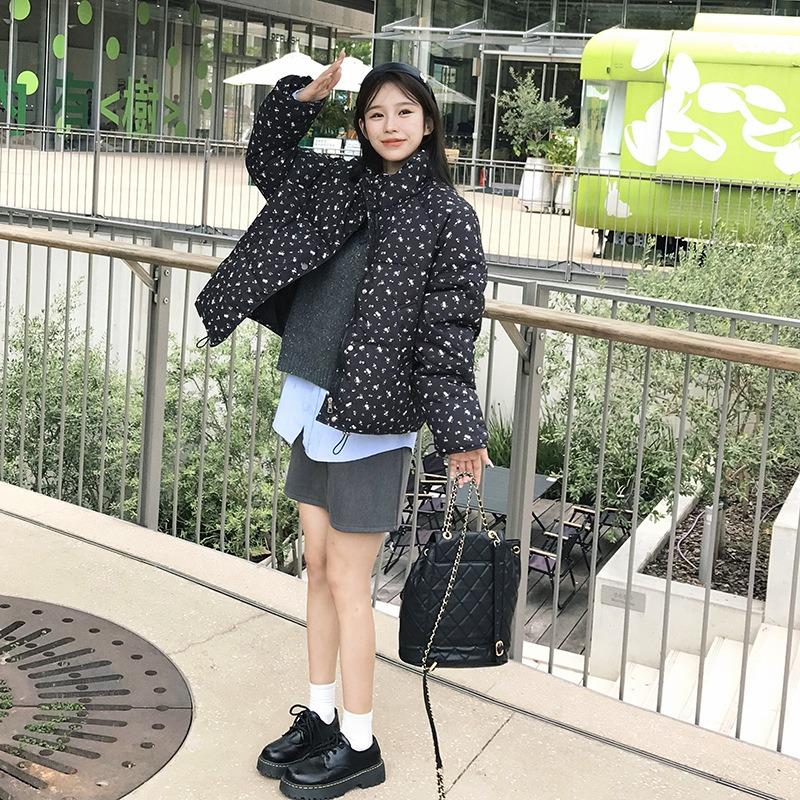 Small floral stand-up collar short down cotton-padded jacket new small bread jacket women's winter cotton-padded jacket