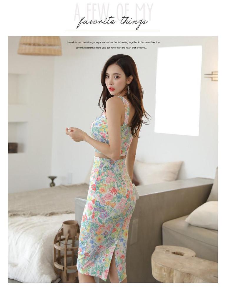 Zweiteiliges Bodycon-Set im koreanischen Stil mit Print, Spaghetti-Trägern, Oberteil und hochtailliertem Rock