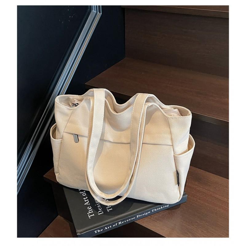 Canvas Bag Casual Commuting Practical Multi-function Shoulder All-matching Pure Color Simple Tote Student Class Schoolbag