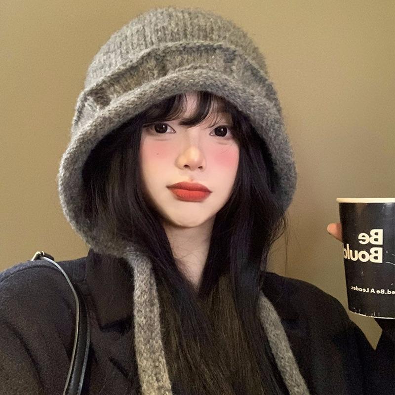 Small face straps knitted hat women's autumn and winter big head circumference solid color wool hat warm ear protection bag head hat