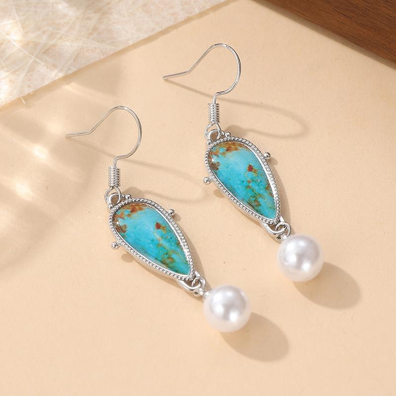Vintage Water Drop Shaped Inlaid Synthetic Turquoise Imitation Pearl Dangle Earrings for Women's  Pendant Banquet Jewelry