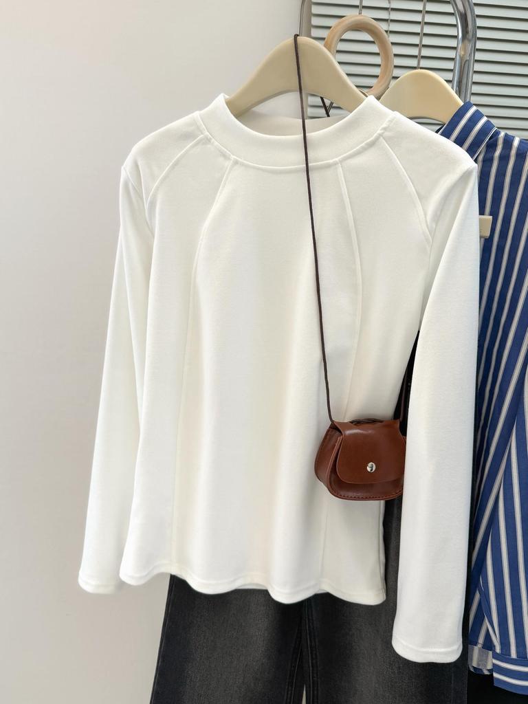 Women's Loose Fit Thermal Fleece T-Shirt - Solid Color, Round Neck, Long Sleeve, Korean Style for Autumn and Winter