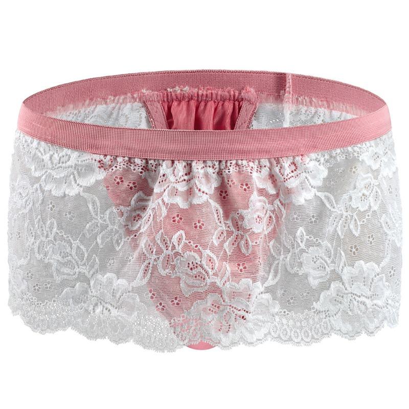 Men Crossdressing Sissy Lace Lingerie Skirted Panties Low Waist Mesh Sheer G-String Frilly Ruffle Hem Briefs Bikini Underwear