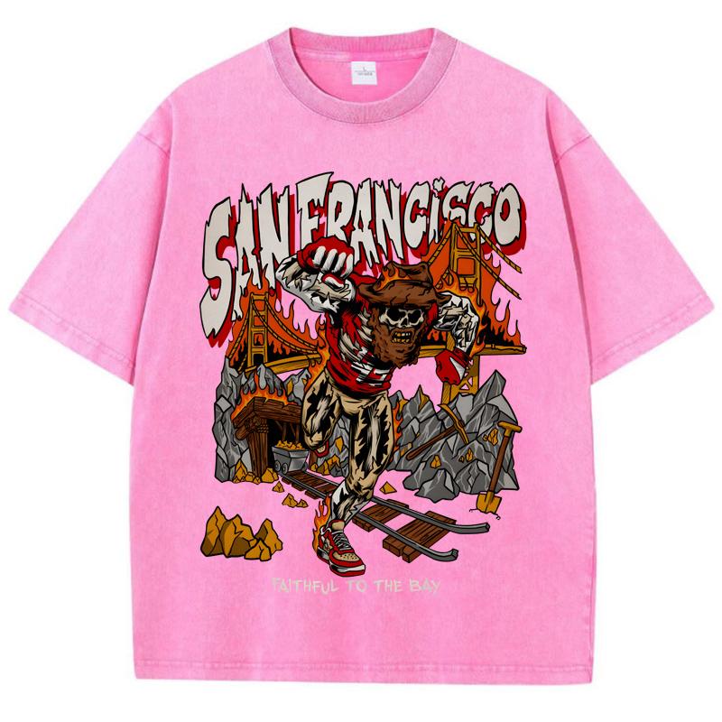 American Washed Retro and Worn Out T-Shirt for Men Women Loose Oversized Clothes San Francisco Skeleton Miner Graphic Streetwear