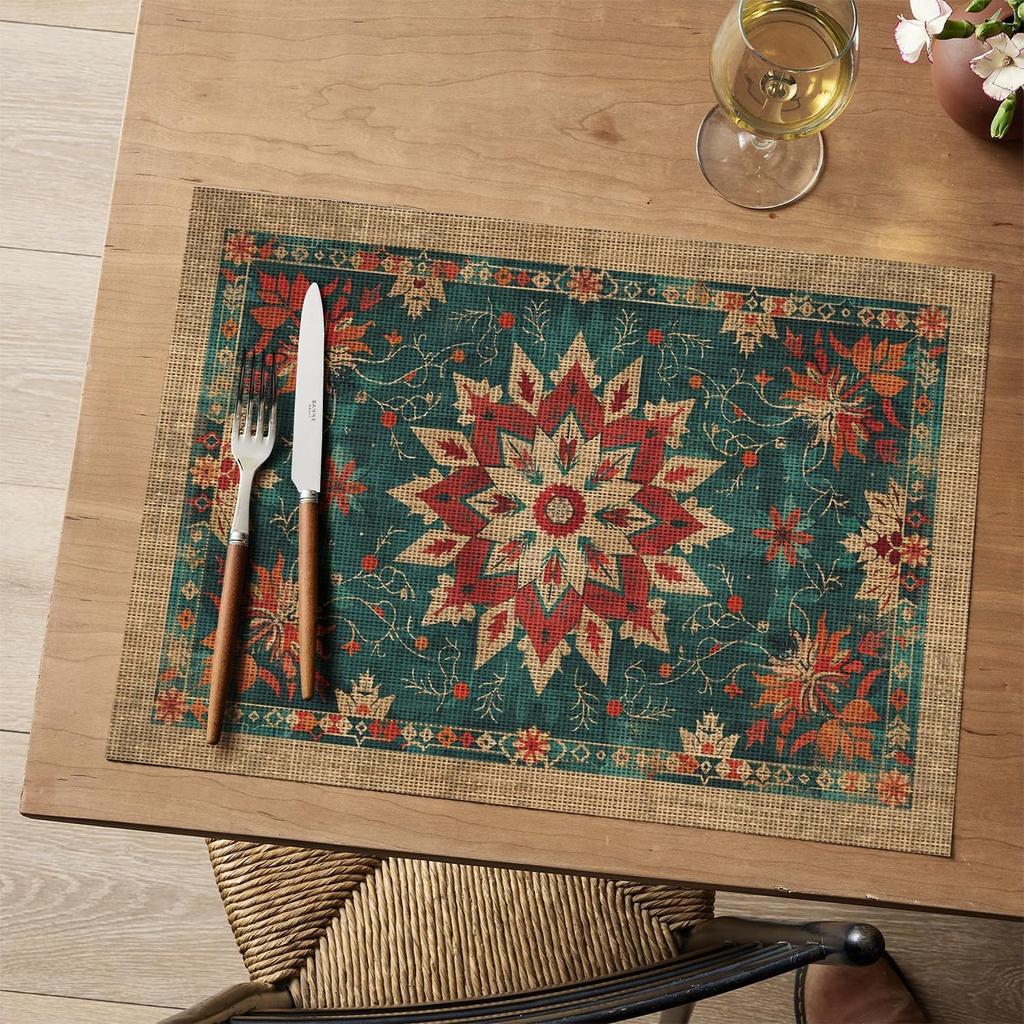 Snowflakes Floral Ethnic Boho Christmas Placemats Set of 4, Washable Heat Resistant Non-Slip Plastic PVC Place Mats