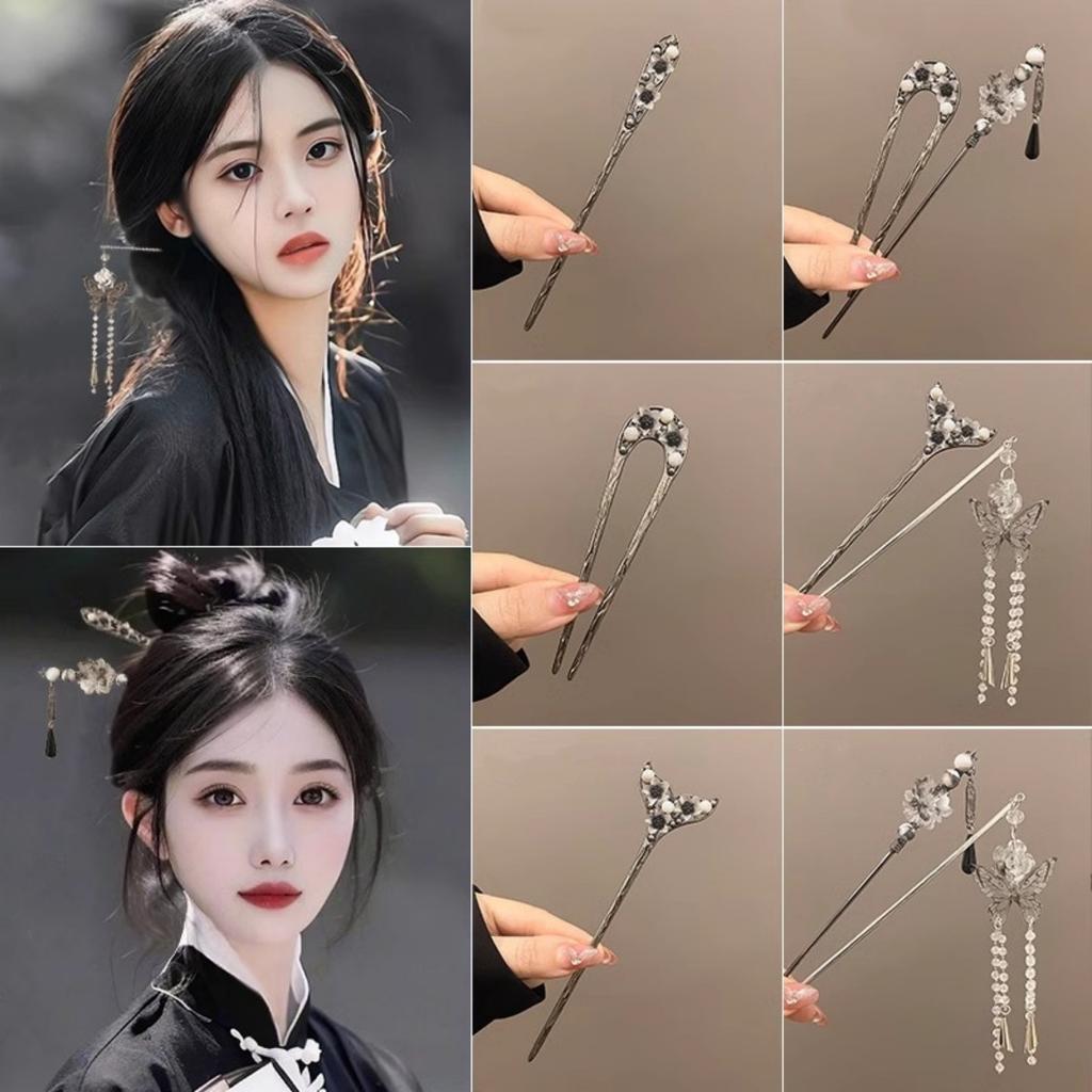 Neo-chinese Style Flower Hairpin Ink Colored Flower Tassel Hair Stick For Women Elegant Exquisite Metal Jewelry Hair Accessory