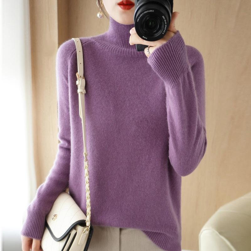GMXIA Stand-up Collar Sweater for Women's Autumn and Winter Thick Collection, Solid Color Pullover, Loose Knitted Long-sleeved Base