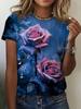 Camiseta Feminina Azul-Petróleo e Roxa - Estampa Floral Vibrante 'Rosa Orvalhado' para Uso Casual Diário