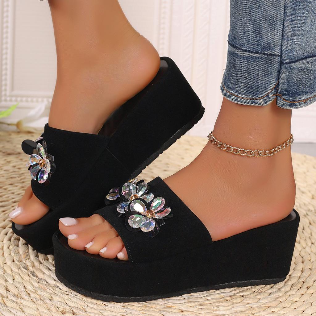 Mode Sommer Damen Keilabsatz Pantolette Strand Hausschuhe Dicke Ferse Damen Sandalen Kristall Dekor Rutschfeste Plateau Hausschuhe Übergröße 35-43