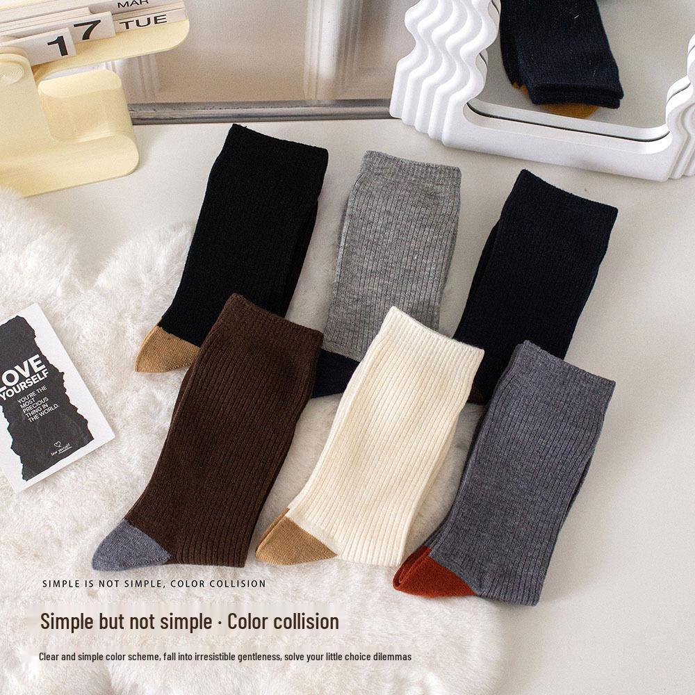 Women's Color Block Ribbed Cashmere Mid-Calf Socks - Warm & Stylish for Autumn/Winter