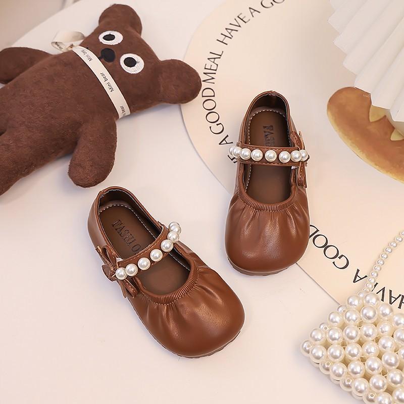 Korean version of girls' small leather shoes, spring and autumn 2025 new soft-soled children's pearl princess shoes, retro Mary Jane single shoes