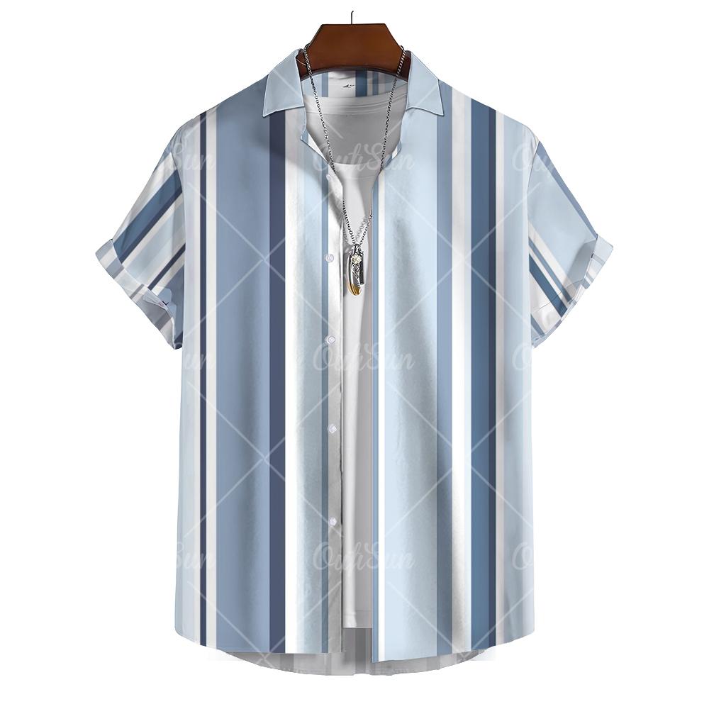 Hawaiian Men's Striped Shirts For Blouse Men Camisa Social Short Sleeve Casual Top Oversized Gym Clothing Fashion Male Vintage