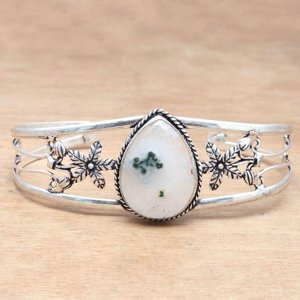 White Solar Quartz Gemstone Jewelry Cuff Bracelets 7''Adjustable