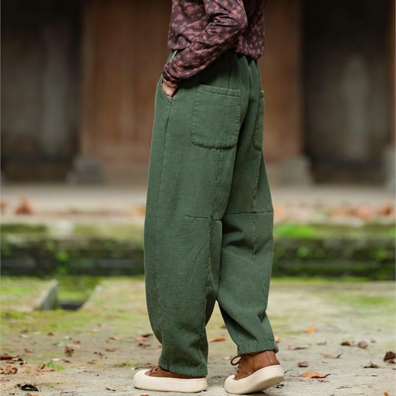 Johnature Women Winter Plush Warm Bloomers Pants Solid Color Trousers Elastic Waist Patchwork Pockets Long Pants