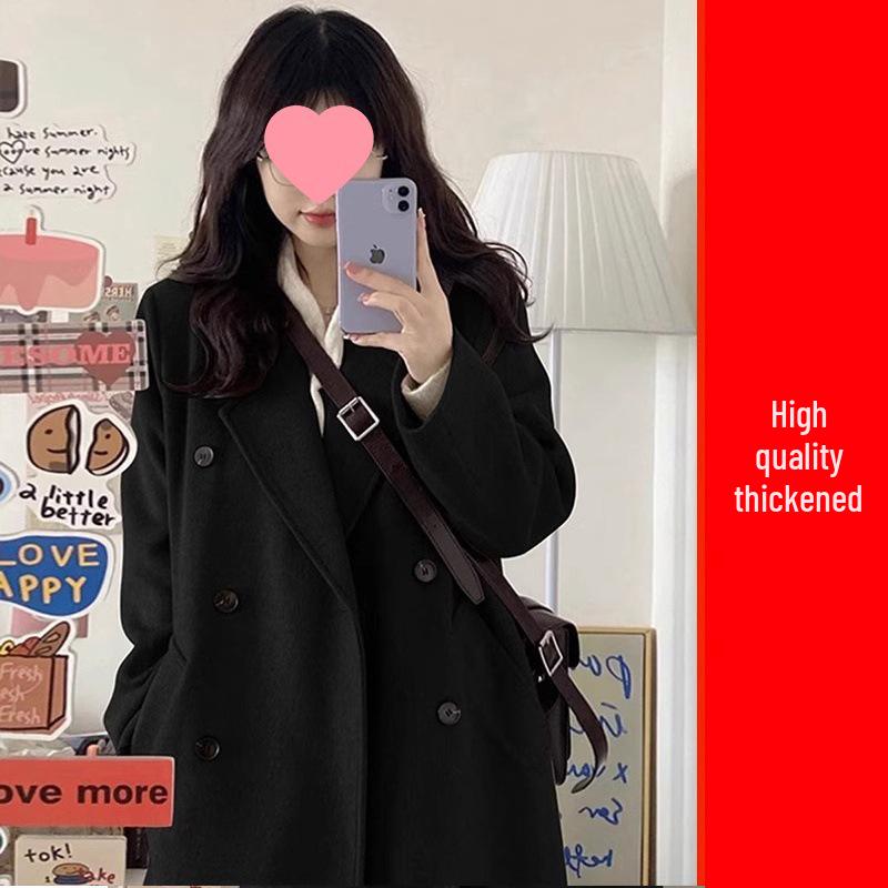 Korean Style Black Woolen Mid-Length Coat for Petite Women - 2025 Winter Edition
