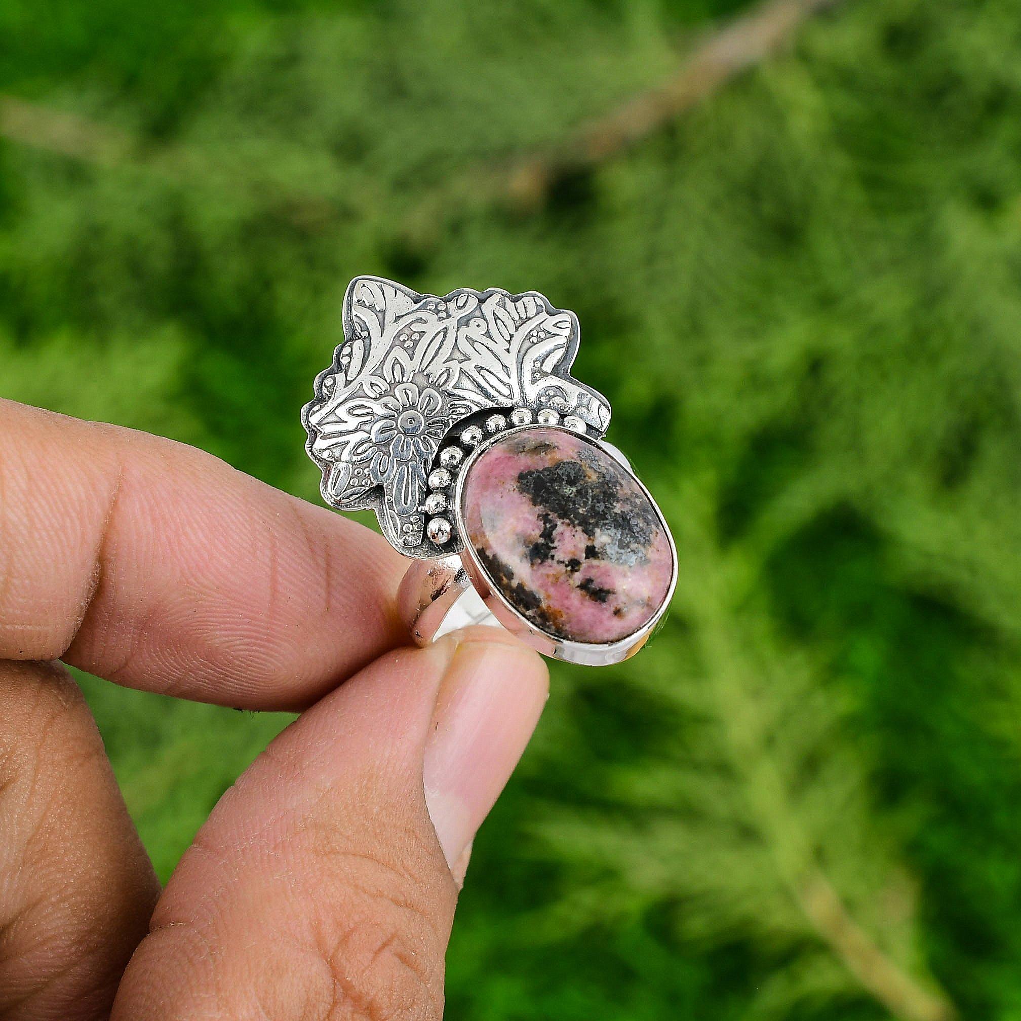 

Oval Natural Rhodonite Solitaire Statement Heart Chakra New Ring Sterling Silver Adjustable