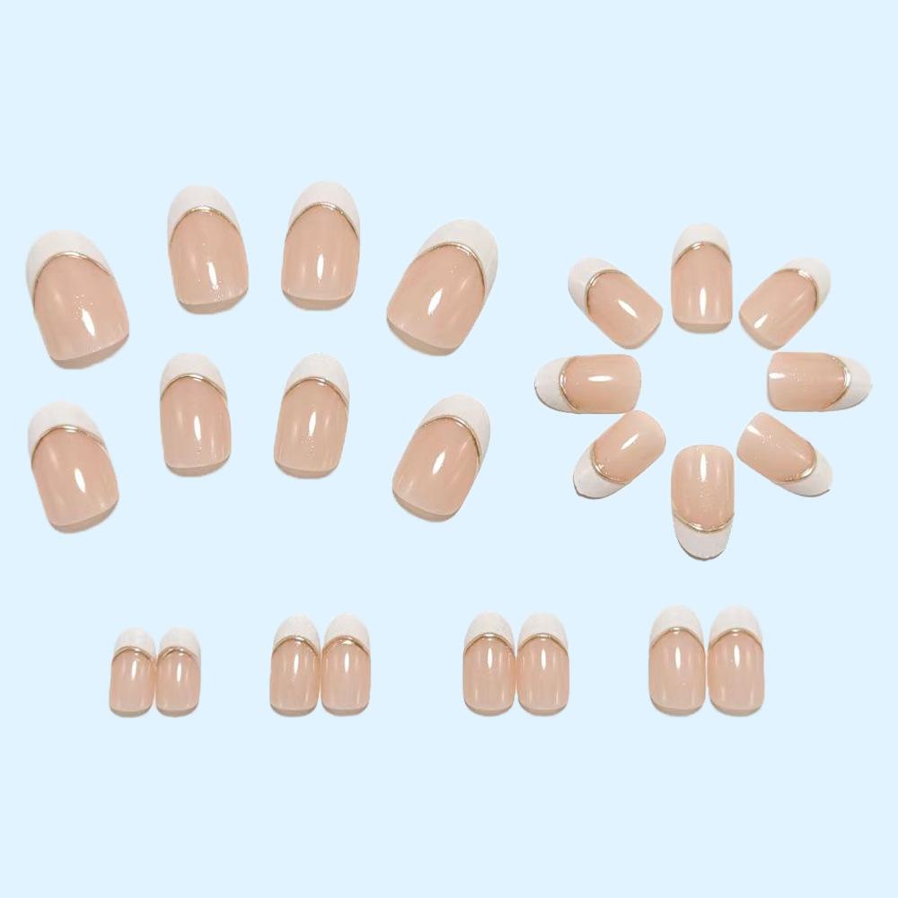 Simple Three-dimensional Gold-edged White French Oval Nails, Fake Nails, Versatile And Beautiful Wearable Nails