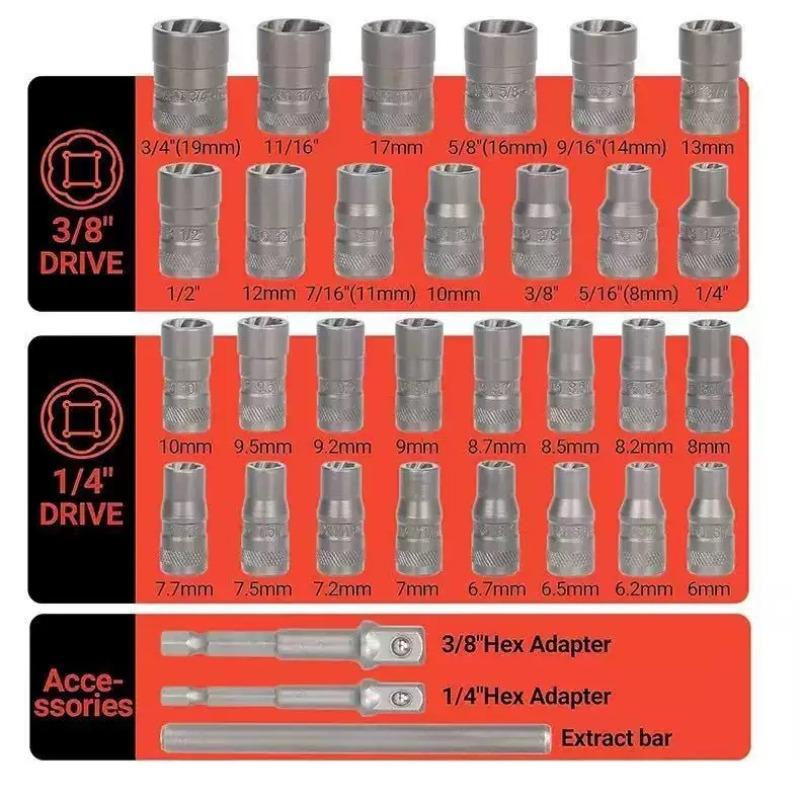32Pcs Broken Bolt Extractor Set Damaged Screw Nut Remover Kit for Stripped Broken Screws Nuts Bolts Removal