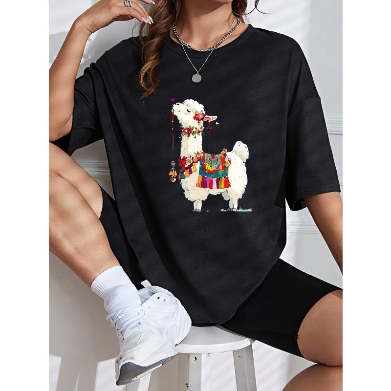 White T Shirt With Colorful Llama Print For Casual Wear