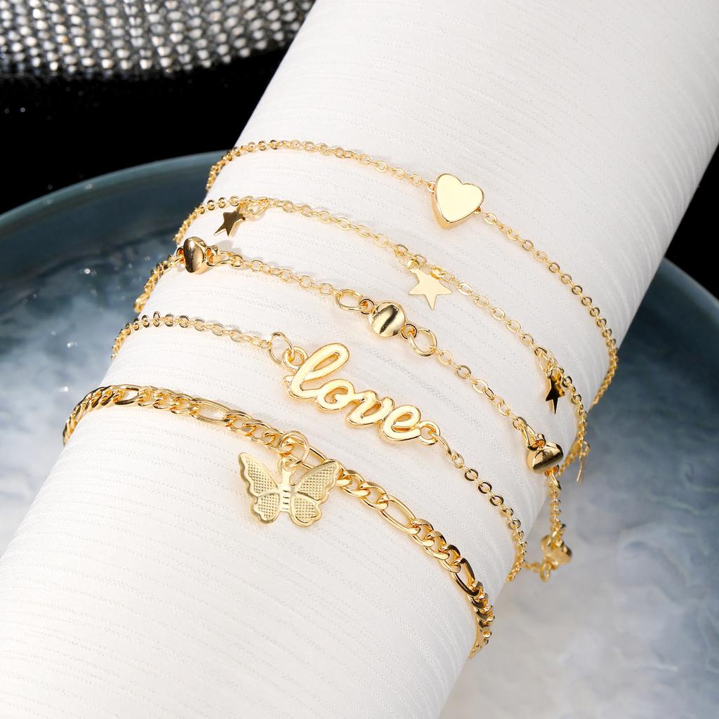 European and American five-pointed star butterflies LOVE Ankle bracelet5Set of vintage metal fashion layered anklets