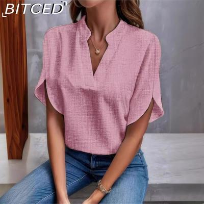 Dames Zomer Effen Kleur V-hals Los Linnen Korte Mouw Shirt Top