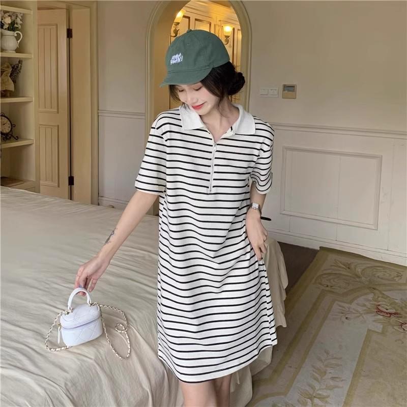 Summer 2025 Korean Sweet Sporty Striped Polo Collar Dress - Women's Short Sleeve Slimming Style