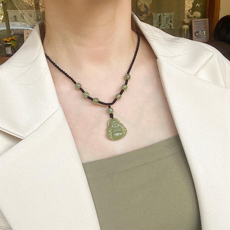 Natural Hetian Jade Buddha Pendant, Maitreya Buddha Handmade Woven Jade Necklace, Women's Jade Pendant, Birthday Gift