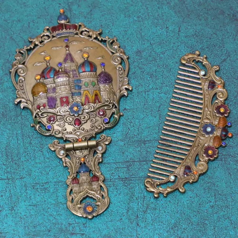 Collapsible Retro Relief Folding Comb Set Portable Foldable Cosmetic Mirror Dresser Vanity