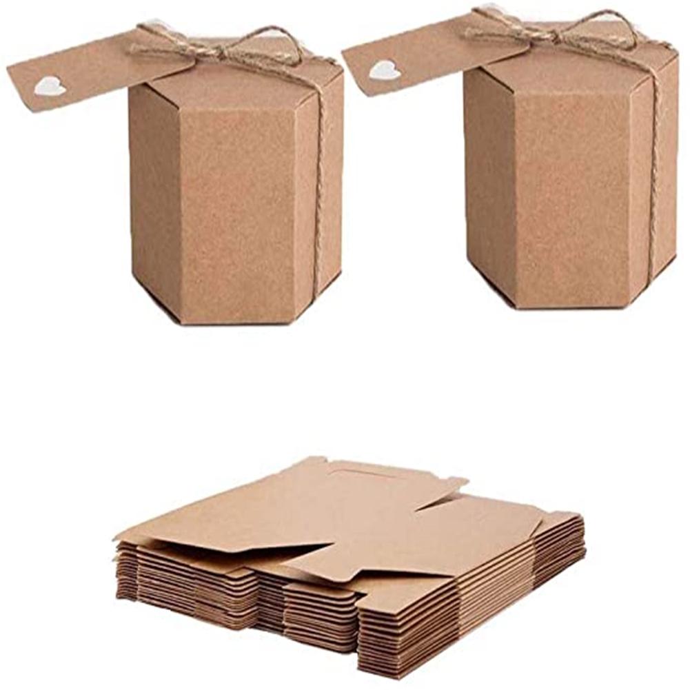 50pcs Hexagonal  Kraft  Carton With Blank Label Rope Stylish Unique Beautiful Birthdays Wedding Parties Candy Biscuits Gift Box 7cm