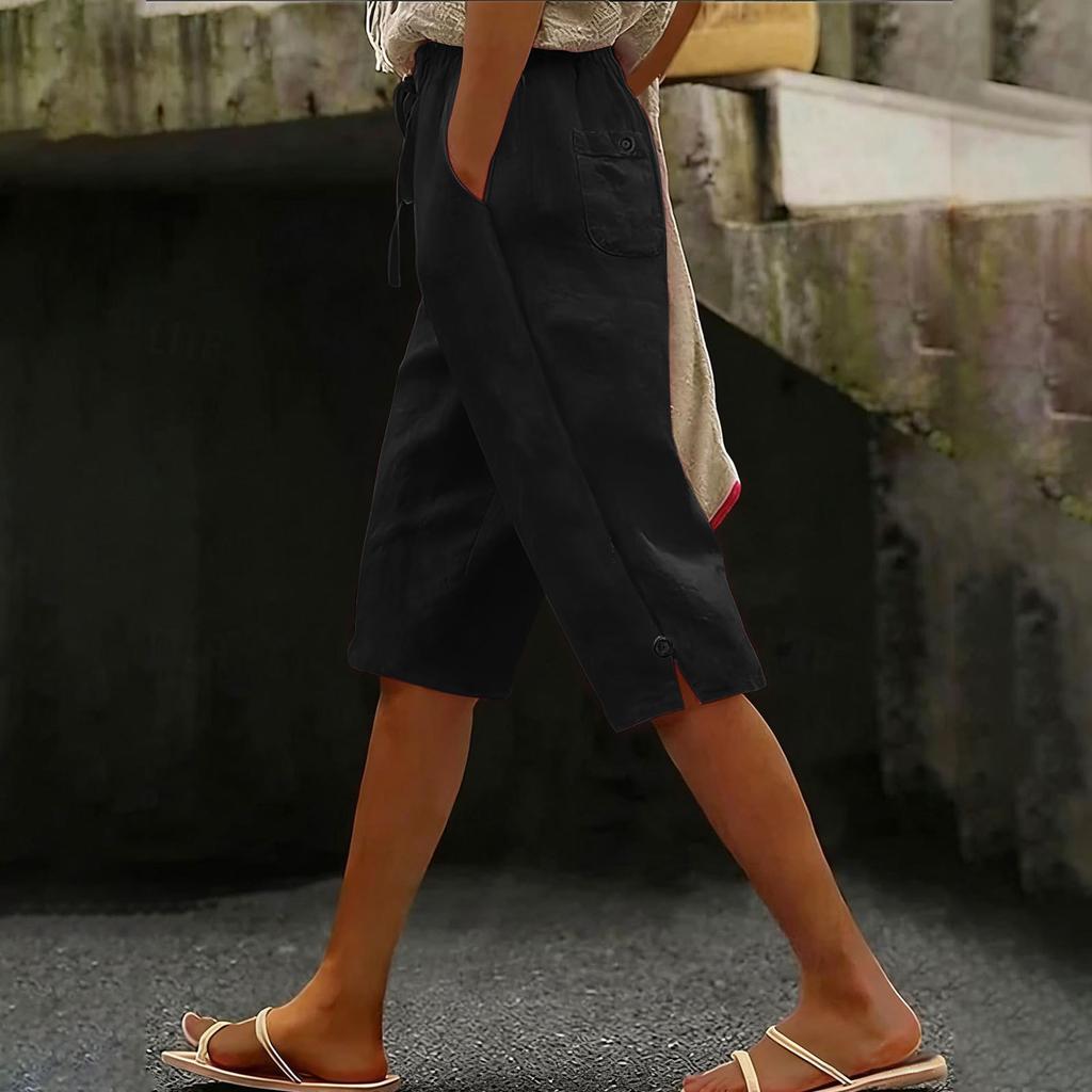 Women’s Loose Fit Linen Cropped Pants with Elastic Waistband and Side Pocket Casual Wide Leg Trousers