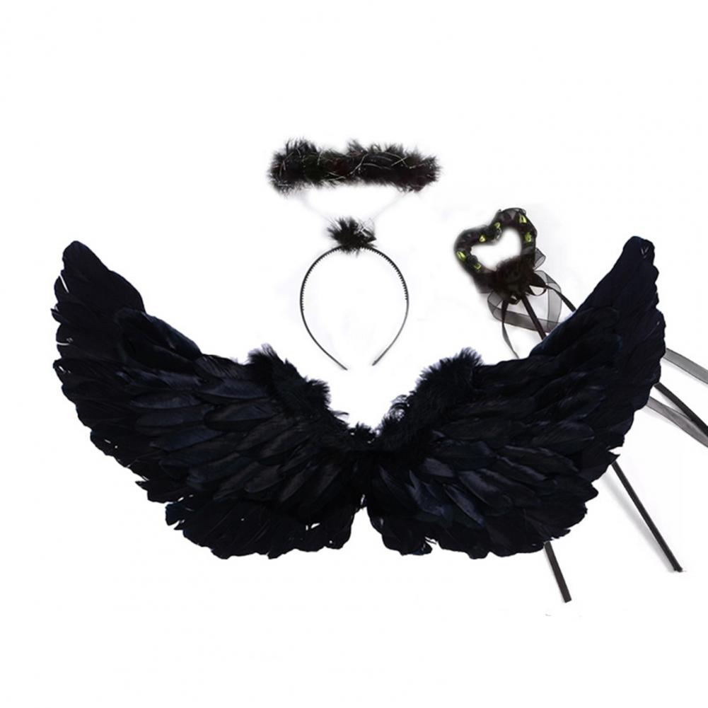 1 Set Cosplay Wings Set Feathered Angel Black Witch Wings Set With Headband Wand Halloween Role-playing Kids Angel Wings Outfit